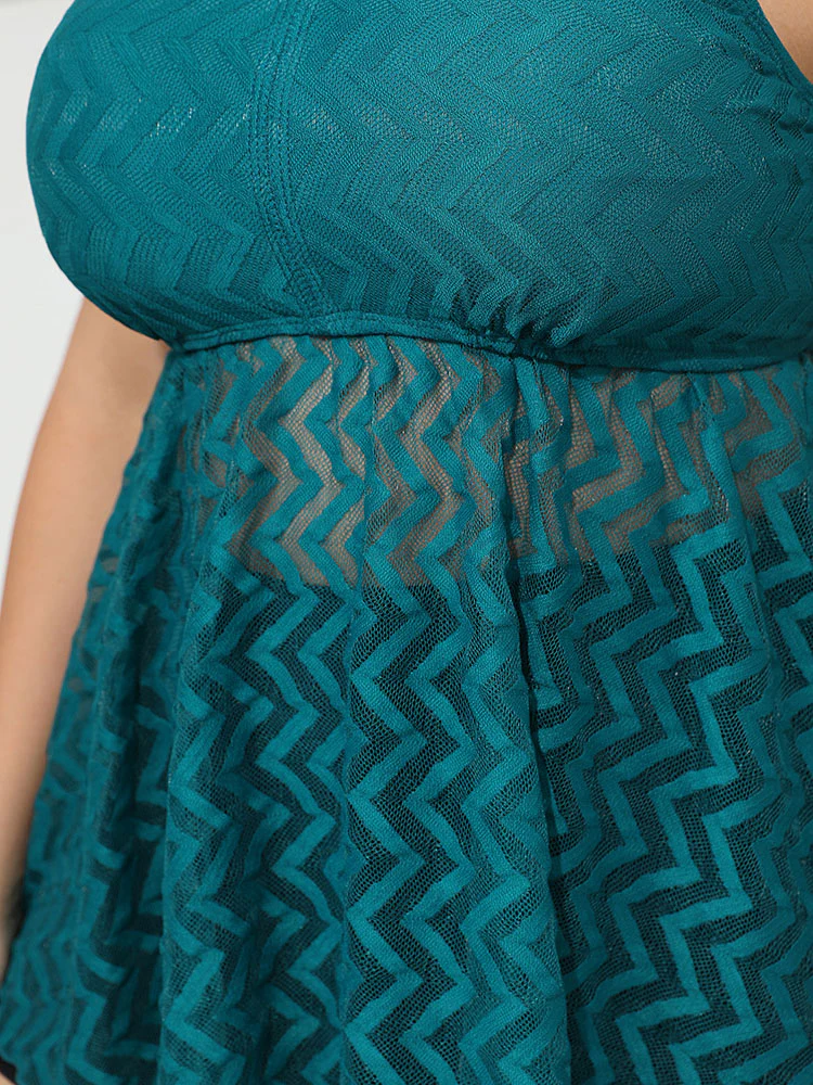 Plain Geometric Mesh Flutter Hem V Neck Tankini Top - Image 9