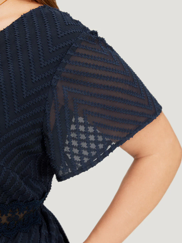 Plain Geometric Pocket Wrap Mesh Lace Insert Ruffle Dress - Image 10