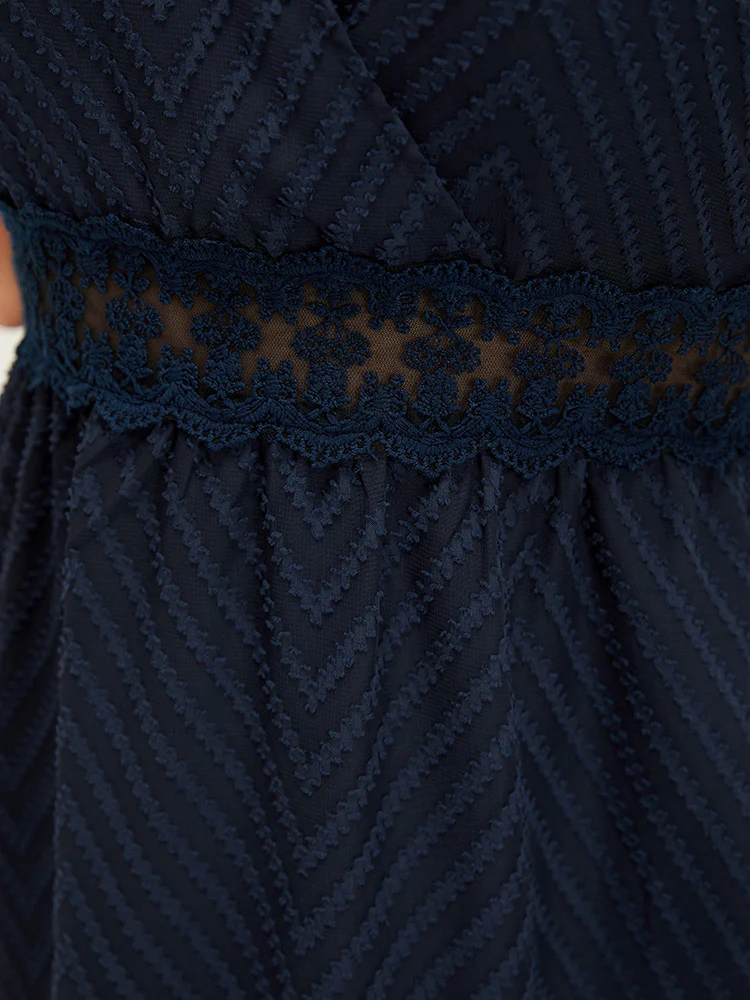 Plain Geometric Pocket Wrap Mesh Lace Insert Ruffle Dress - Image 7