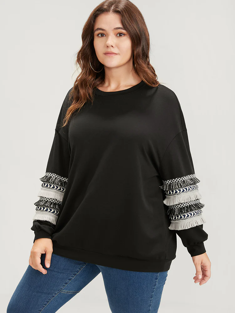Plain Geometric Tape Fringe Trim Drop Shoulder Sweatshirt - Image 4