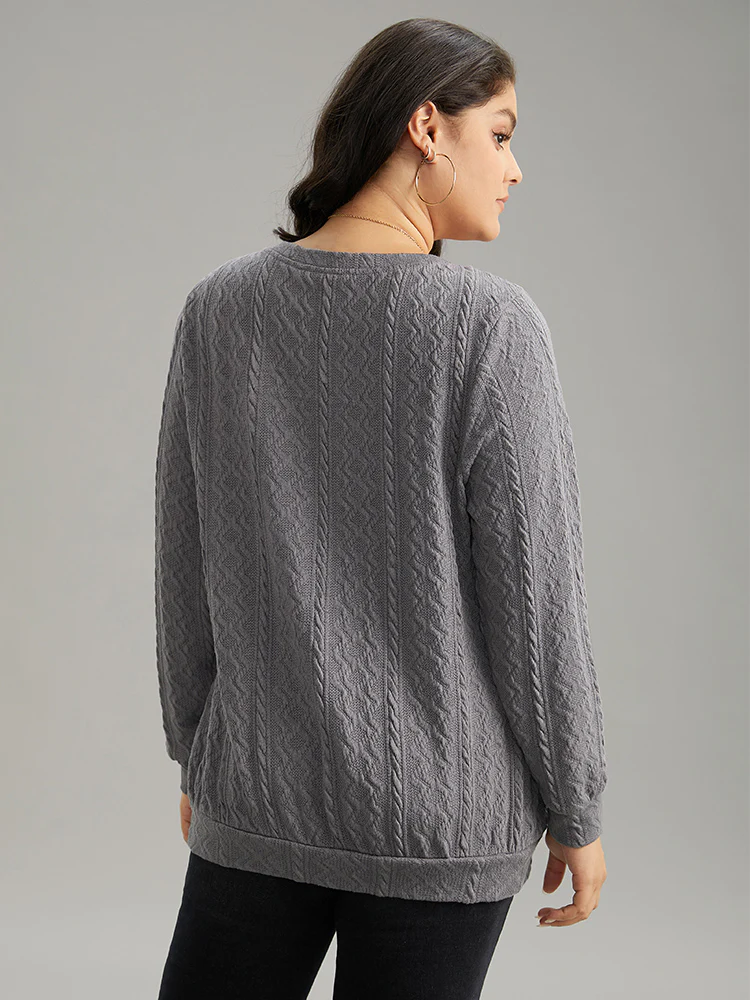 Plain Geometric Textured Plicated Detail Sweatshirt - Image 2
