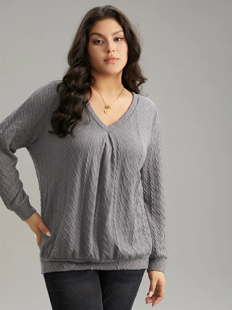 Plain Geometric Textured Plicated Detail Sweatshirt - Image 3