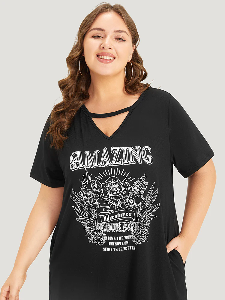 Graphic & Letter Print Pocket Cut Out Dress - Image 5