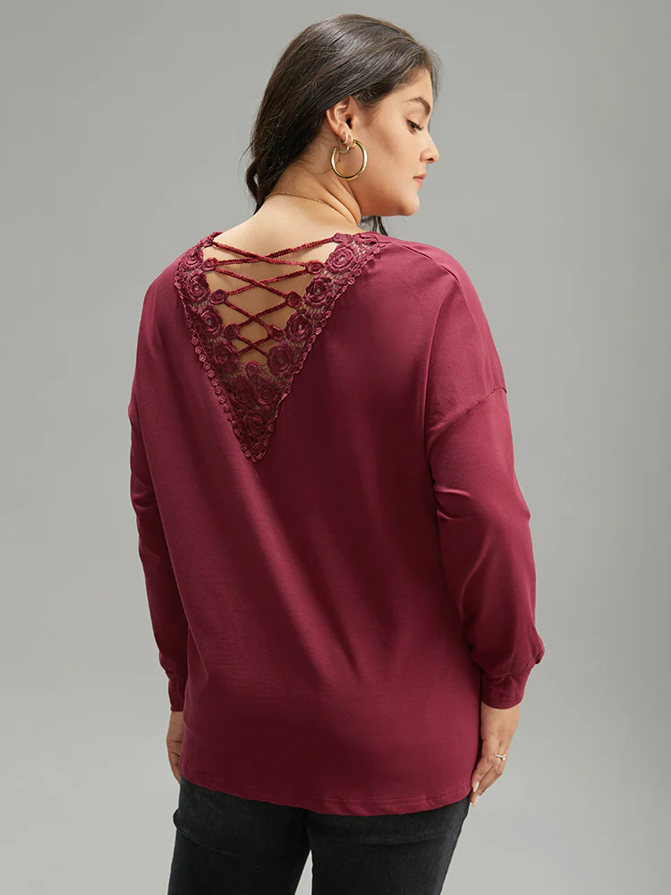 Plain Guipure Lace Crisscross Cut Out Sweatshirt - Image 2