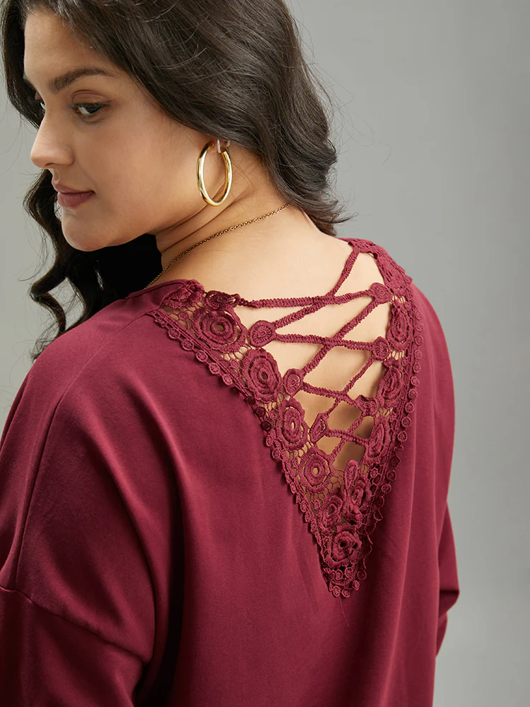 Plain Guipure Lace Crisscross Cut Out Sweatshirt - Image 6