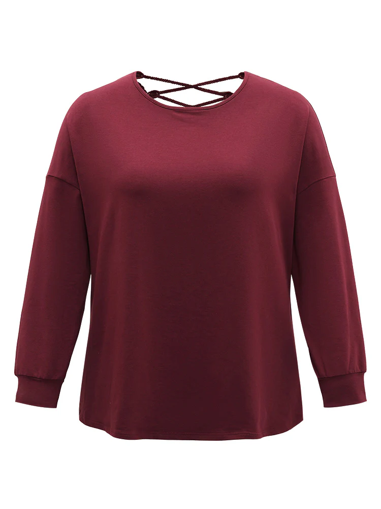 Plain Guipure Lace Crisscross Cut Out Sweatshirt - Image 7