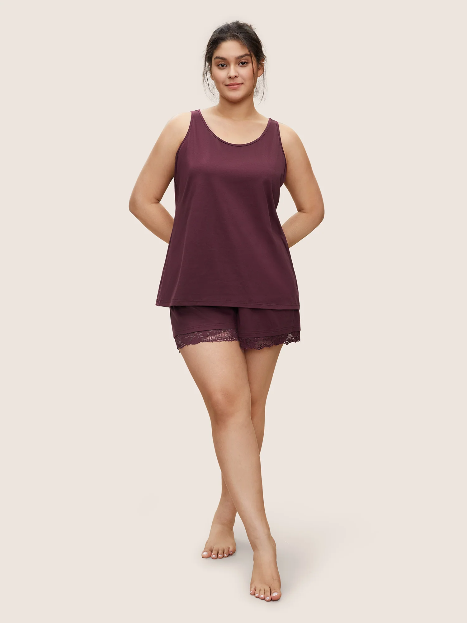 Plain Guipure Lace Detail Elastic Waist Pajama Bottoms - Image 2
