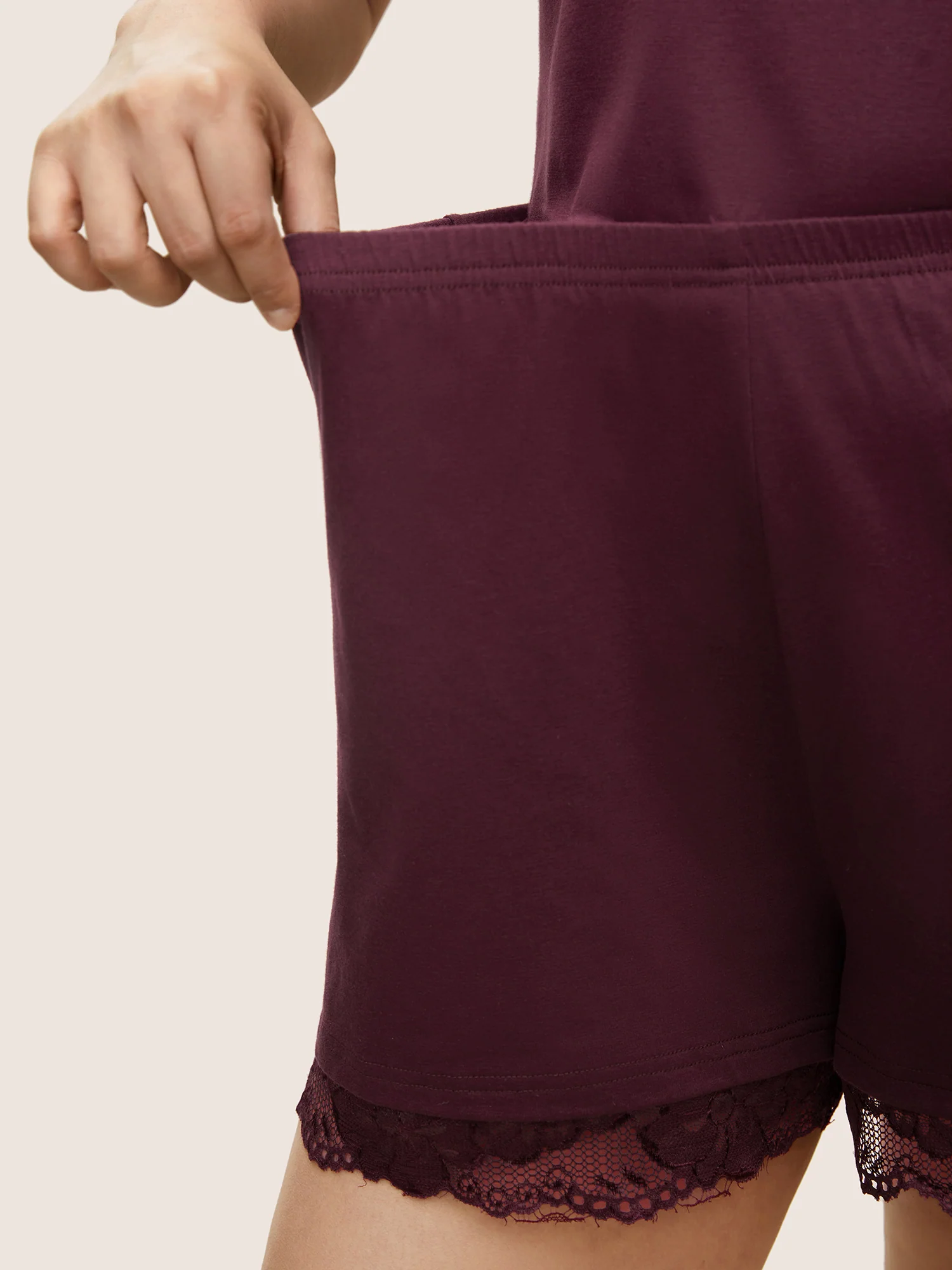 Plain Guipure Lace Detail Elastic Waist Pajama Bottoms - Image 4