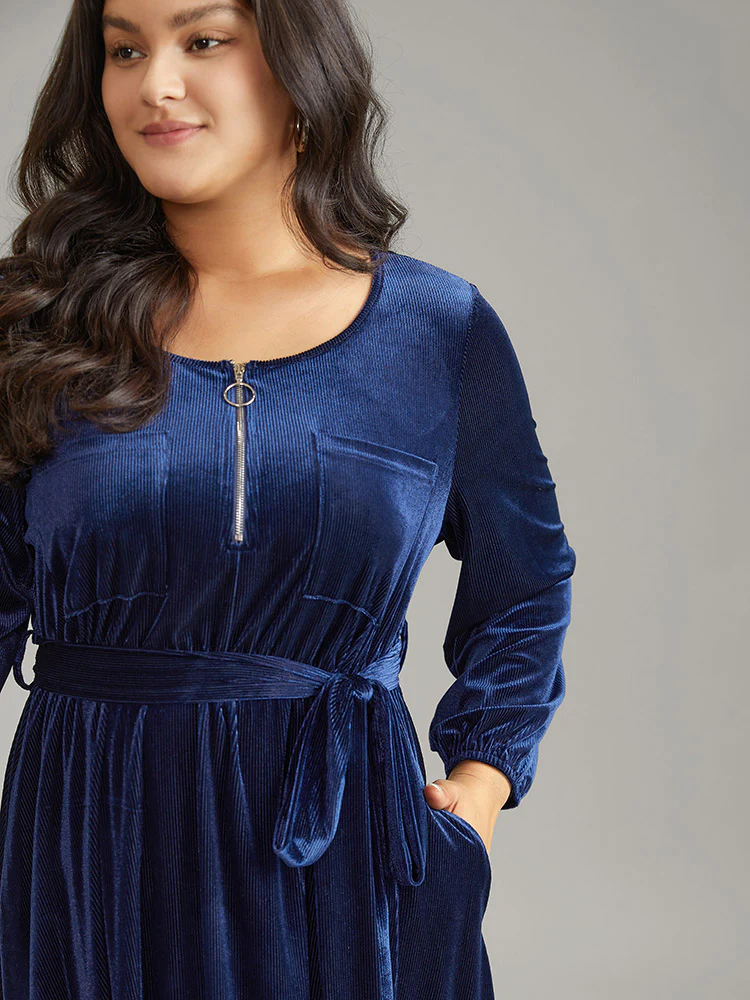 Plain Half Zip Belted Pocket Corduroy Dress - Image 4