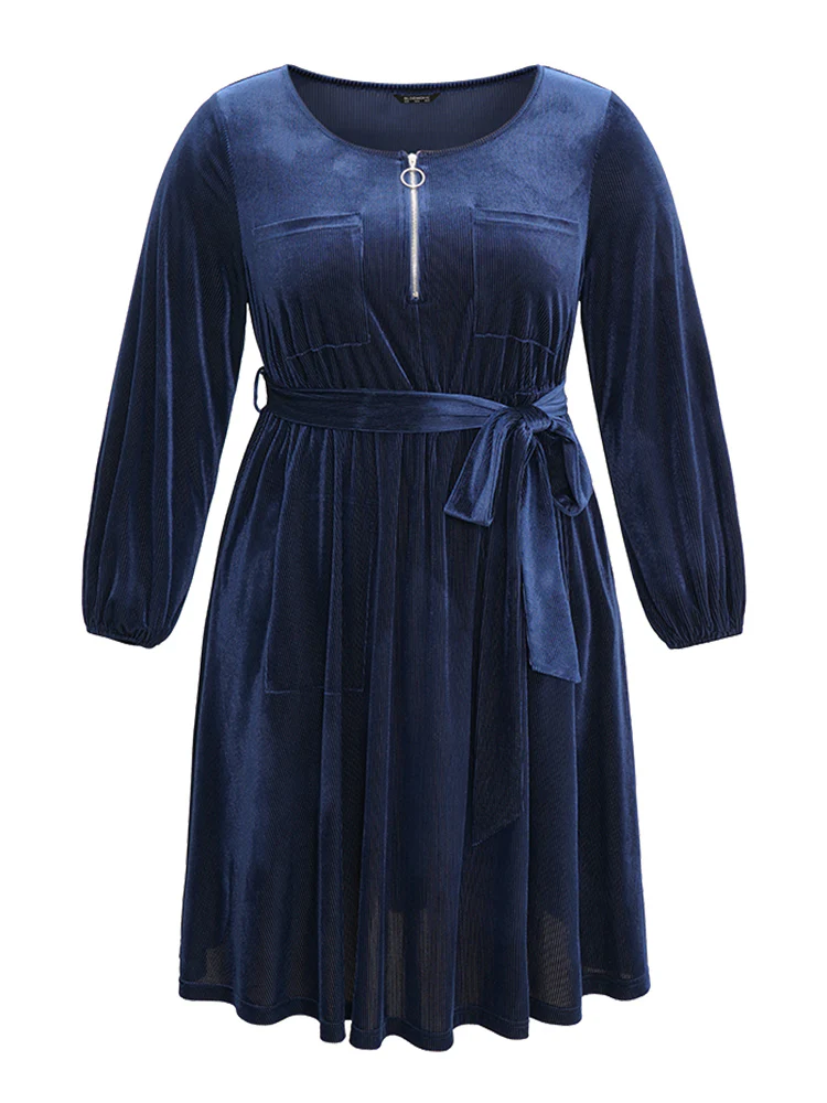 Plain Half Zip Belted Pocket Corduroy Dress - Image 5