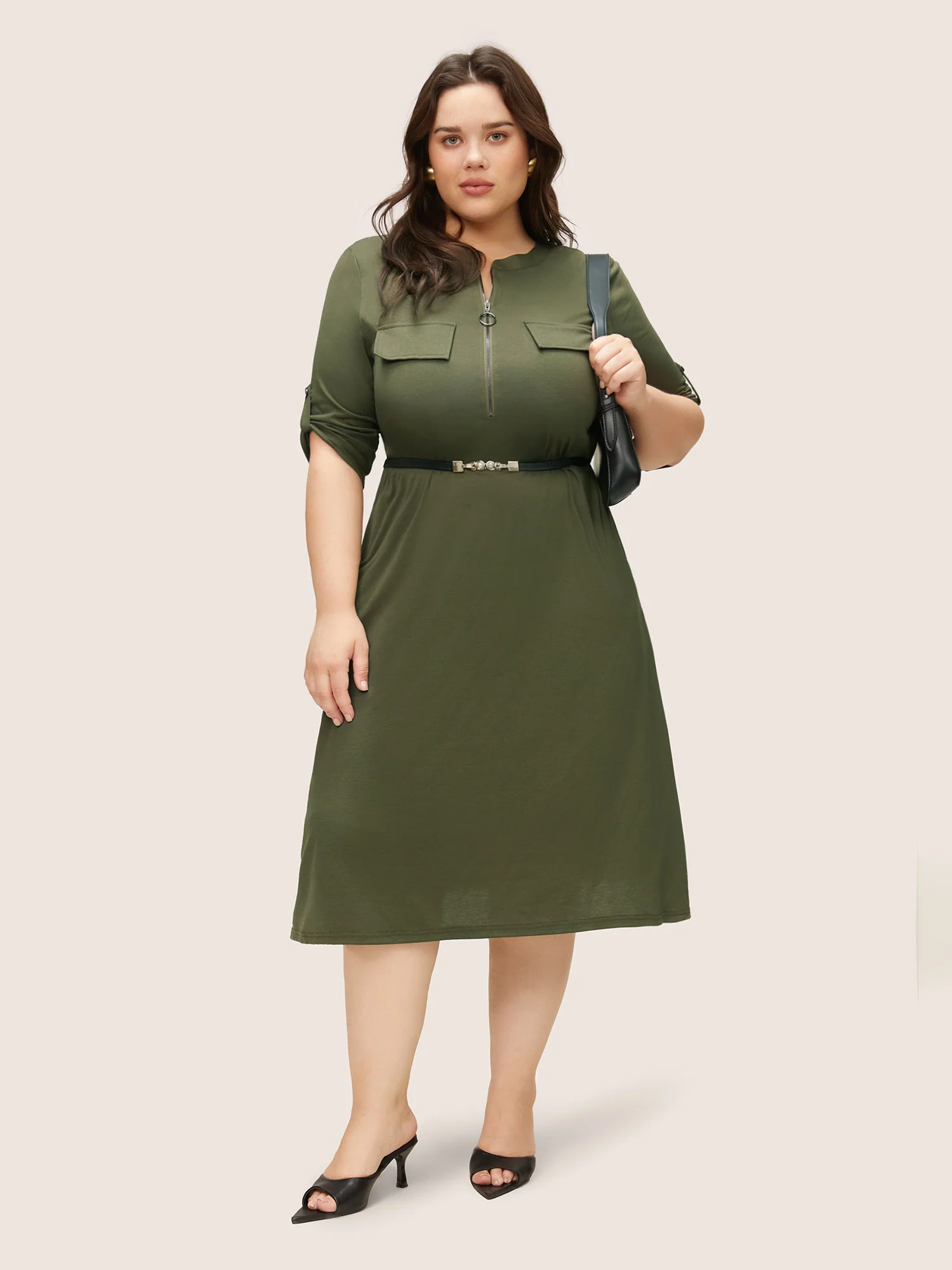 Plain Half Zip Flap Detail Tab Sleeve Dress - Image 2