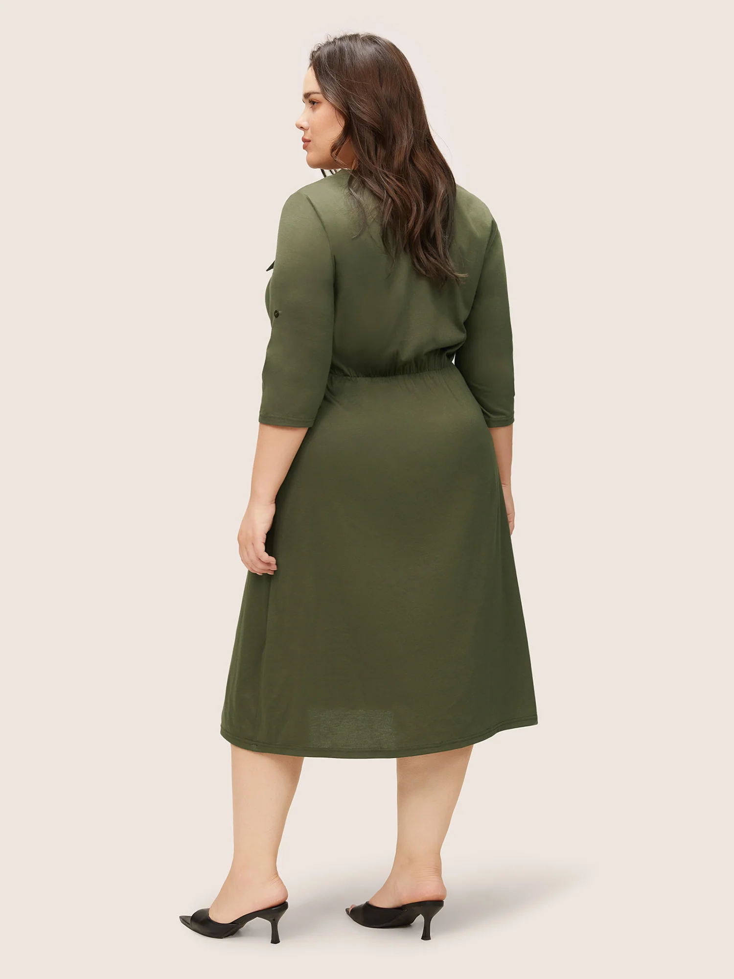 Plain Half Zip Flap Detail Tab Sleeve Dress - Image 3