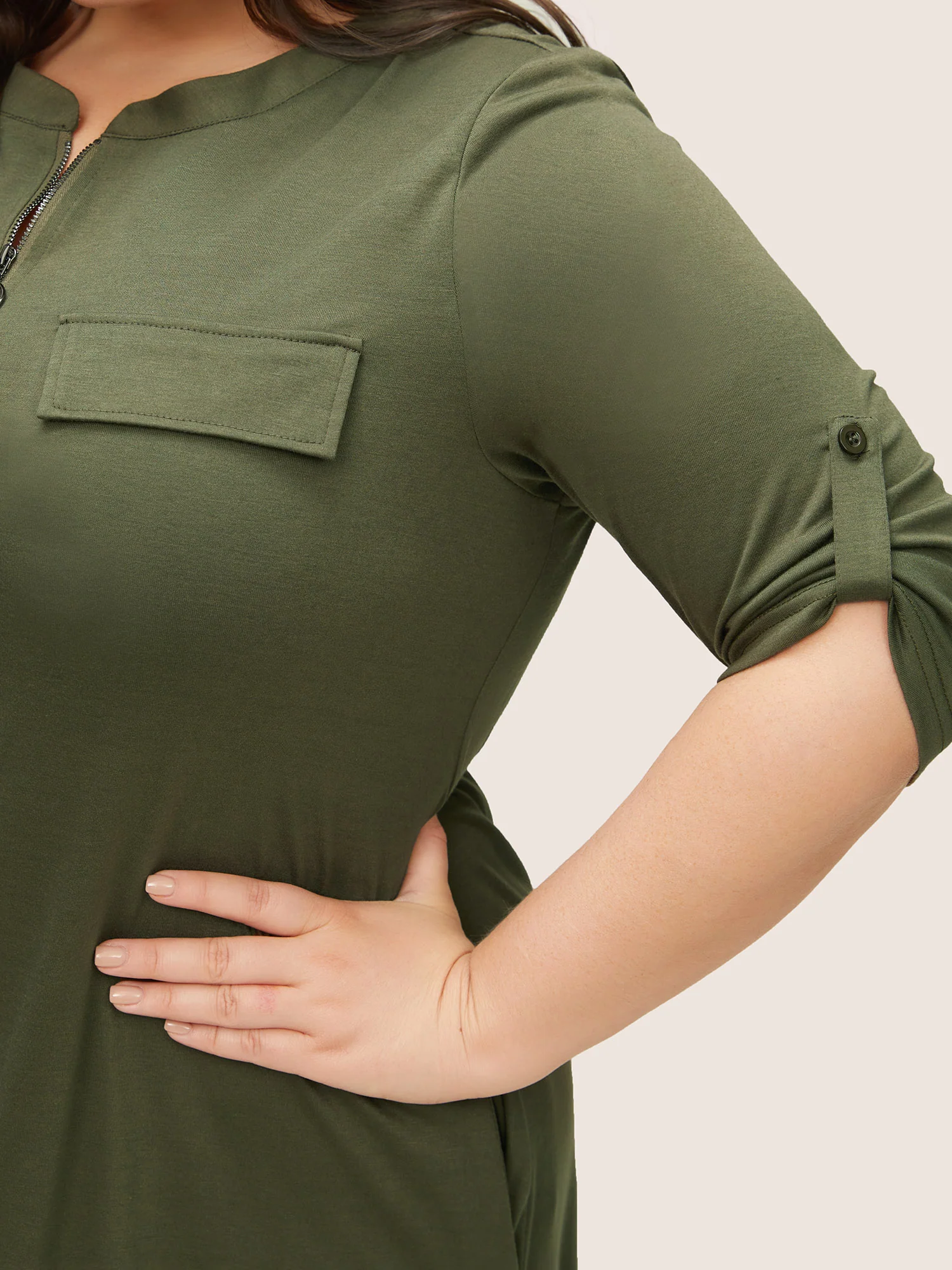 Plain Half Zip Flap Detail Tab Sleeve Dress - Image 4