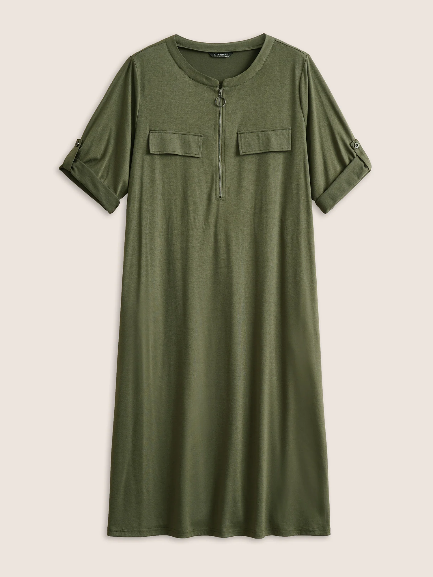 Plain Half Zip Flap Detail Tab Sleeve Dress - Image 7