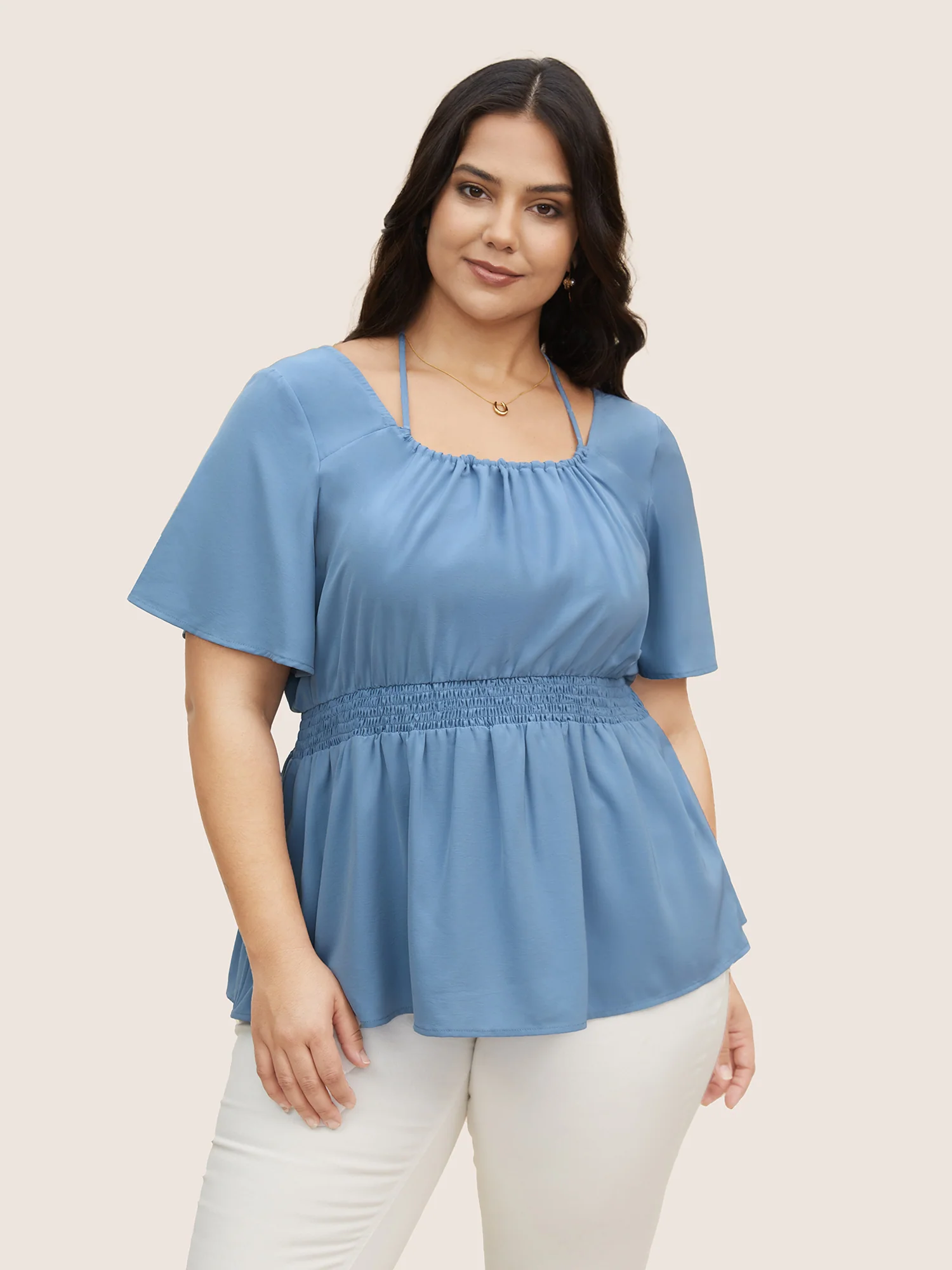 Plain Halter Neck Shirred Tie Knot Blouse
