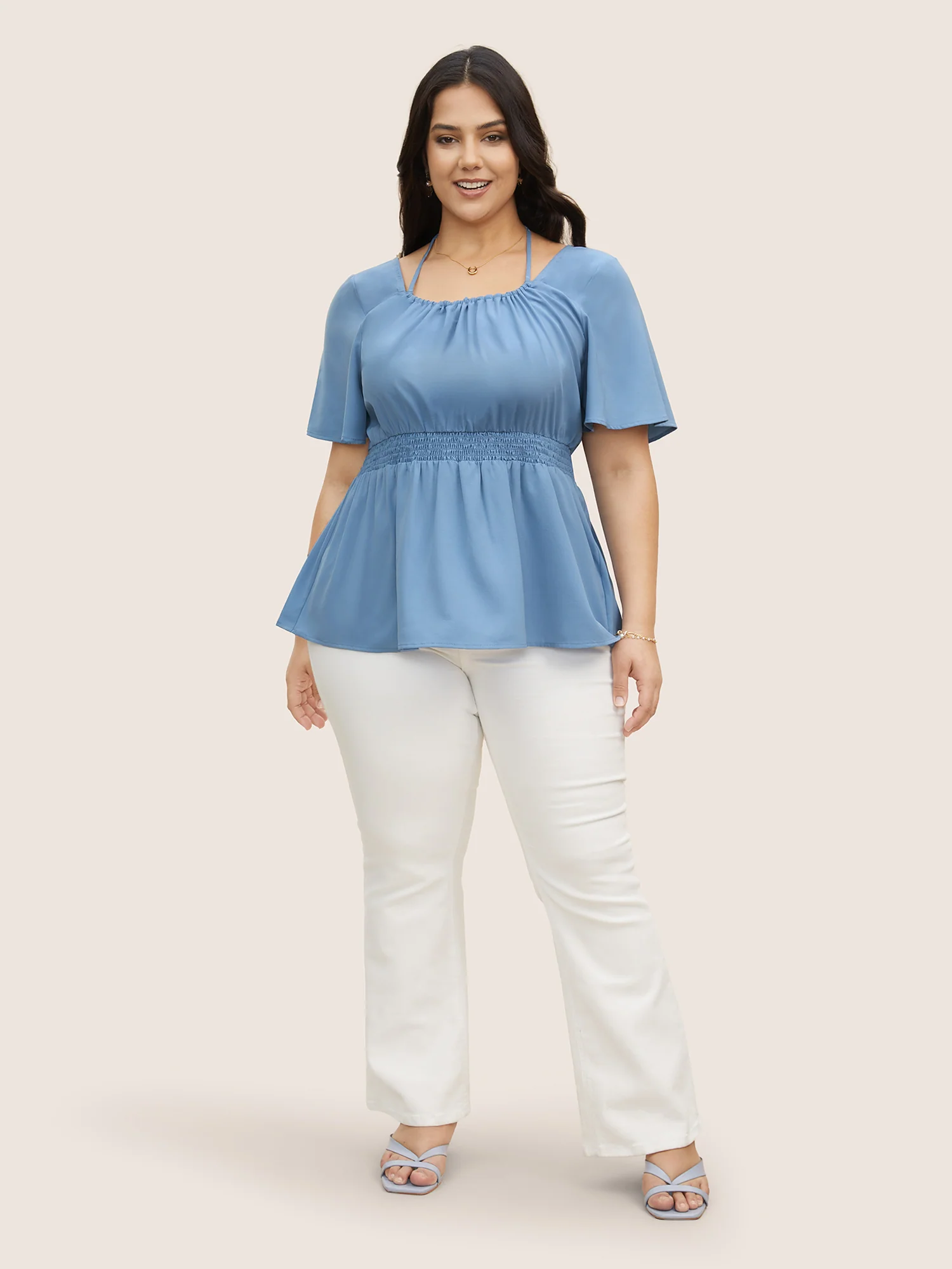 Plain Halter Neck Shirred Tie Knot Blouse - Image 2