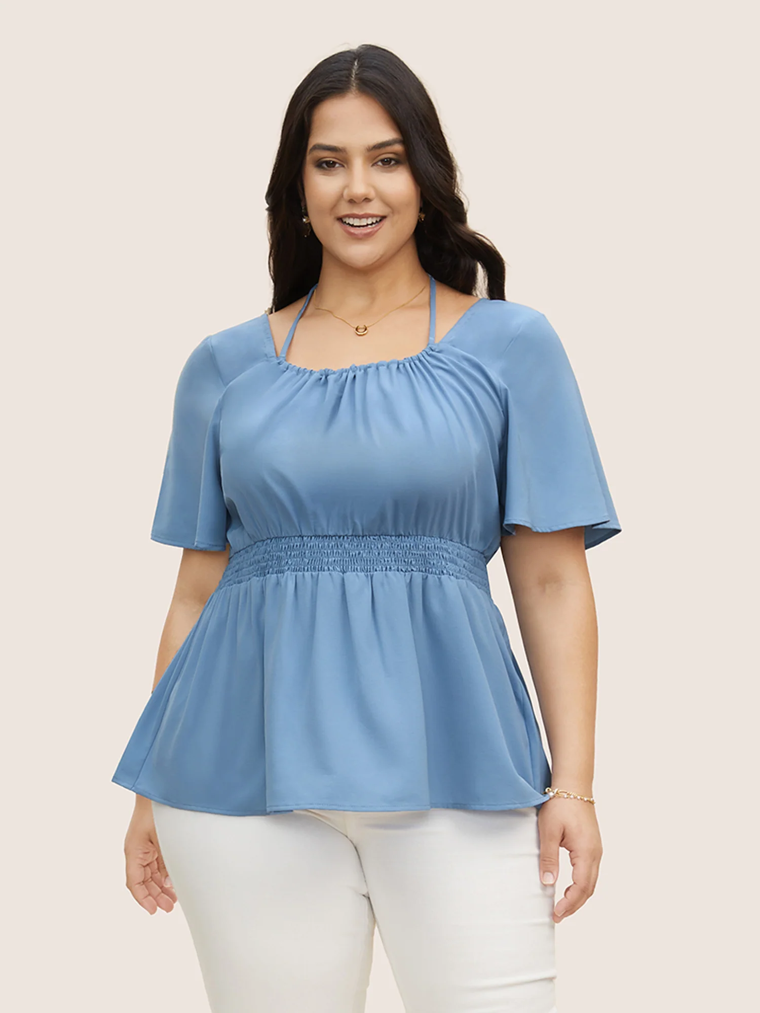 Plain Halter Neck Shirred Tie Knot Blouse - Image 3
