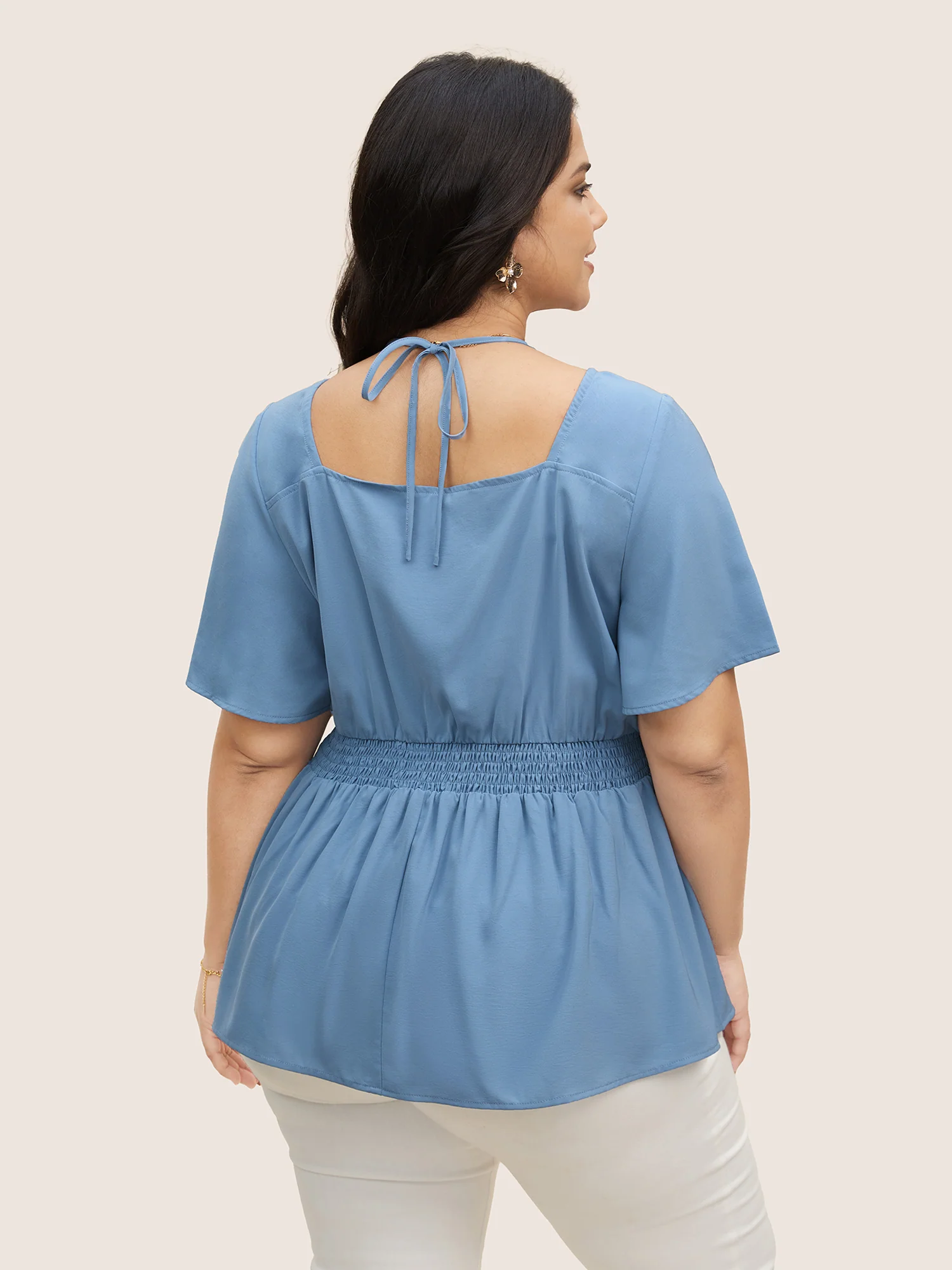Plain Halter Neck Shirred Tie Knot Blouse - Image 4