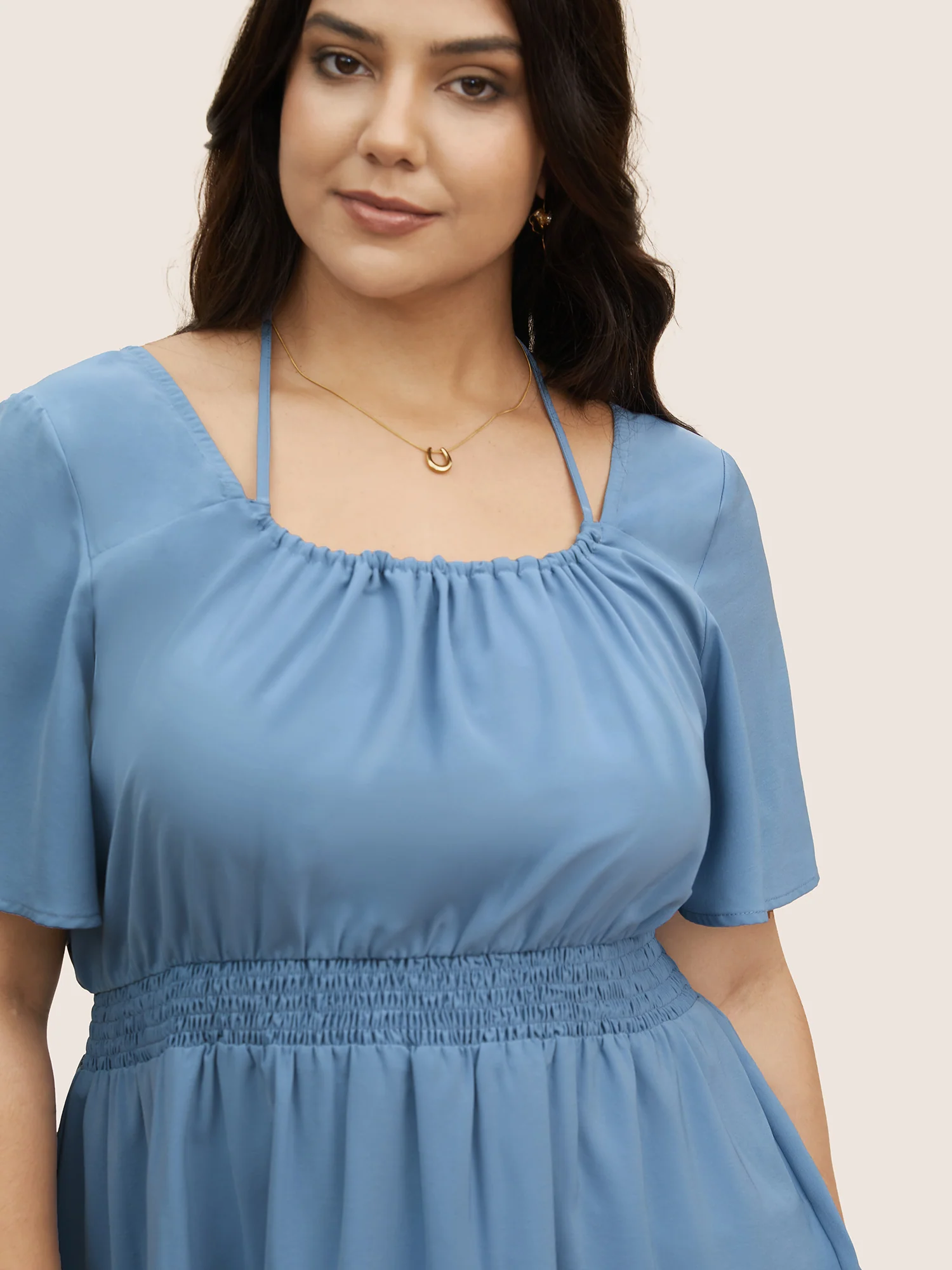 Plain Halter Neck Shirred Tie Knot Blouse - Image 5