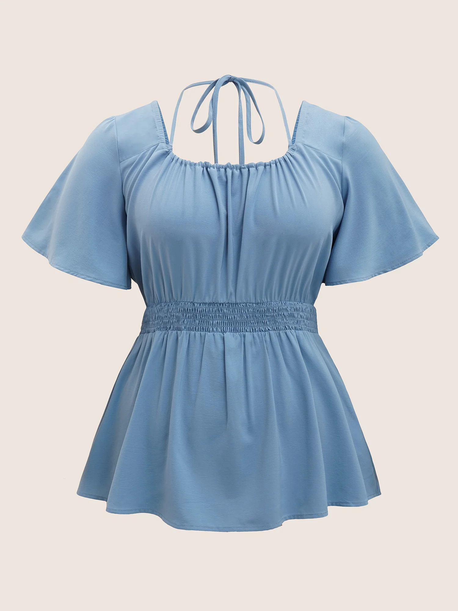 Plain Halter Neck Shirred Tie Knot Blouse - Image 8