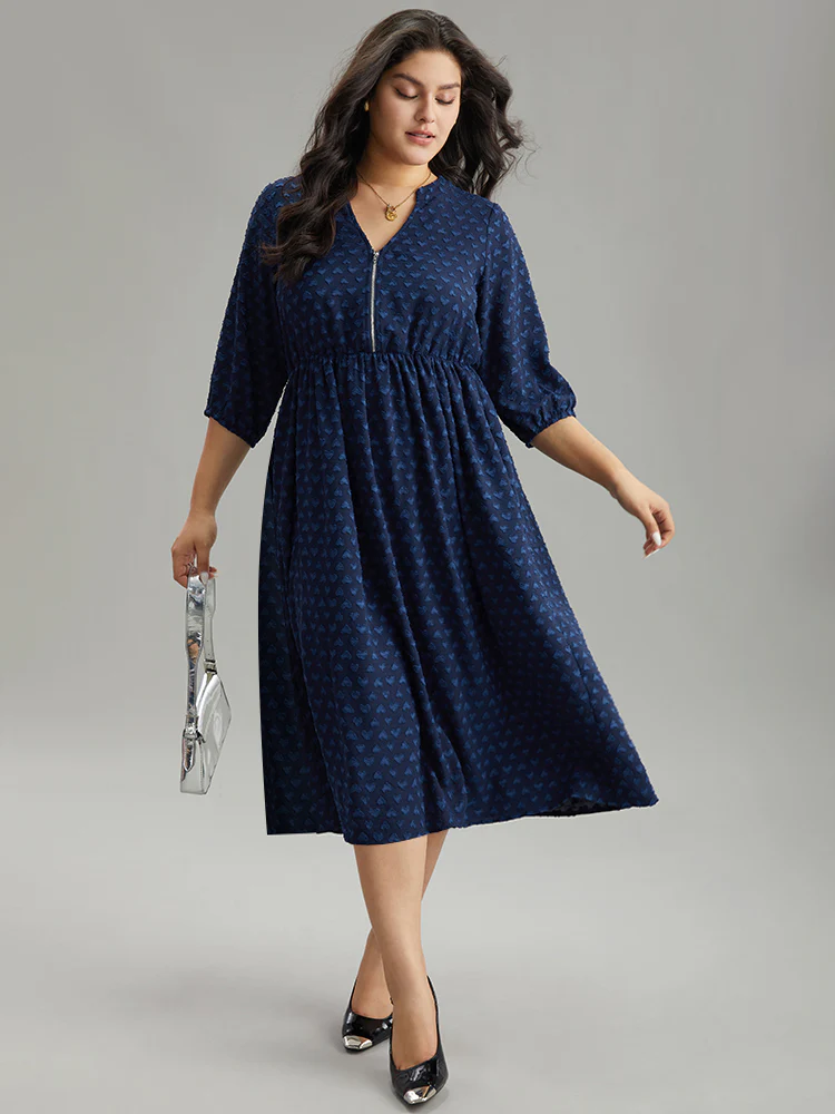 Plain Heart Textured Half Zip Notched Dress - Image 2
