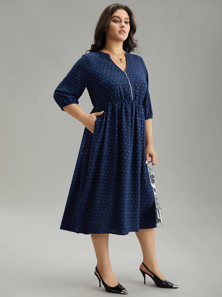 Plain Heart Textured Half Zip Notched Dress - Image 3