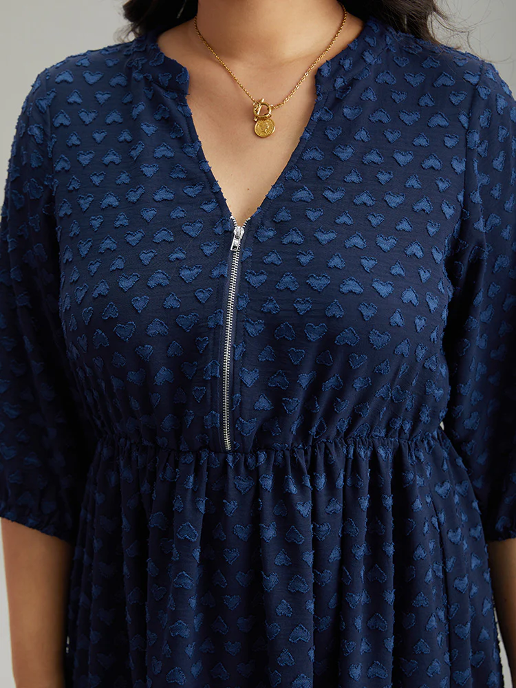 Plain Heart Textured Half Zip Notched Dress - Image 5