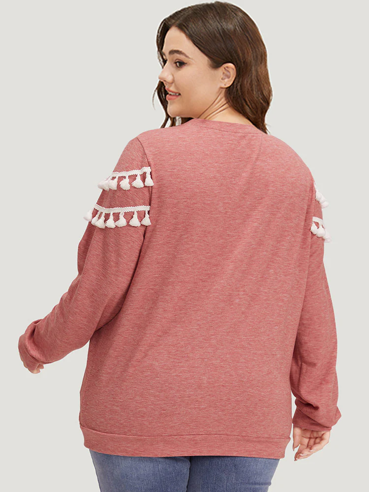plain Heather Crew Neck Tassel Trim Sweatshirt - Image 2