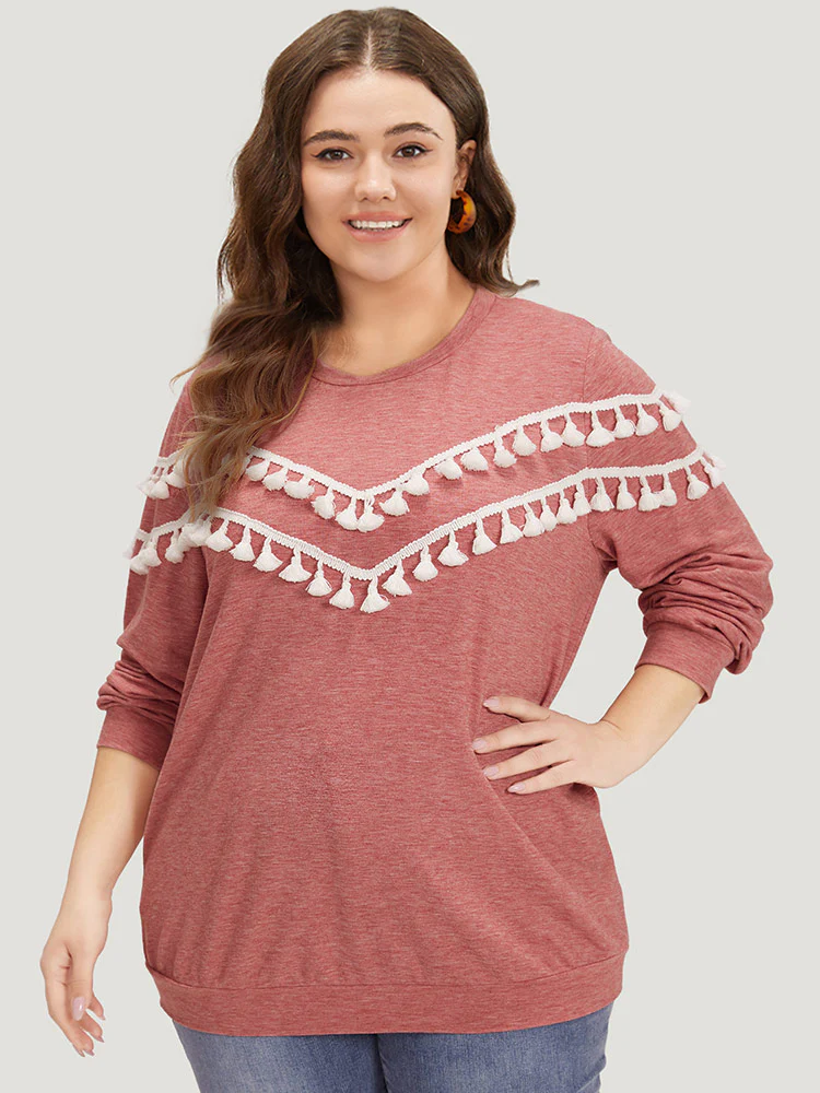 plain Heather Crew Neck Tassel Trim Sweatshirt - Image 3