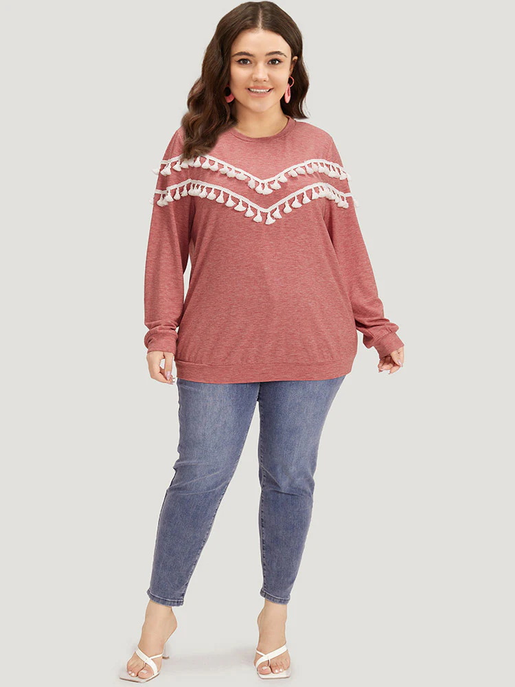 plain Heather Crew Neck Tassel Trim Sweatshirt - Image 4