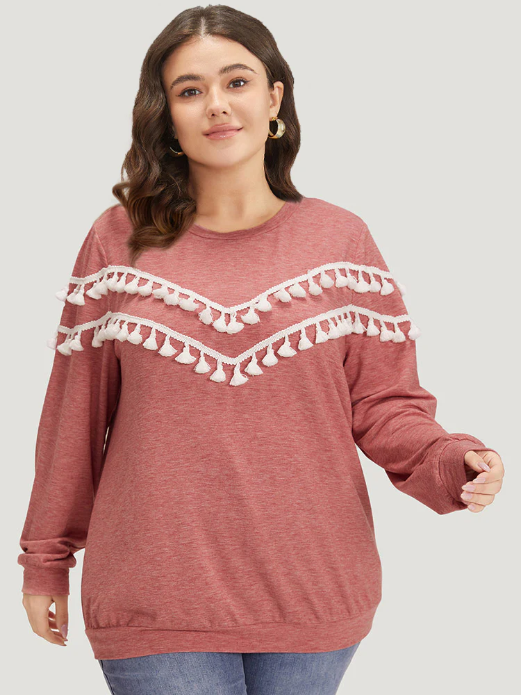 plain Heather Crew Neck Tassel Trim Sweatshirt - Image 5