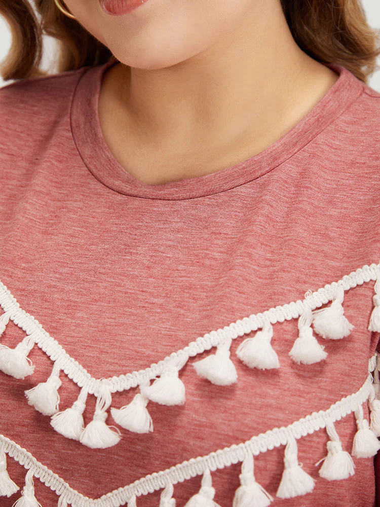 plain Heather Crew Neck Tassel Trim Sweatshirt - Image 6