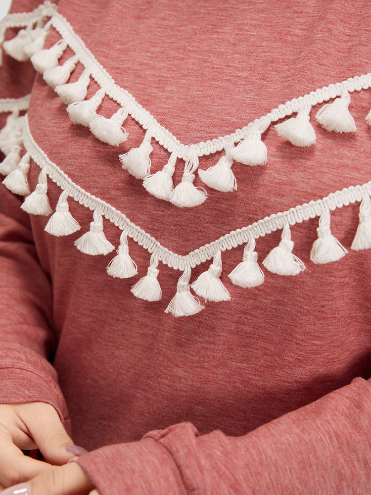 plain Heather Crew Neck Tassel Trim Sweatshirt - Image 7