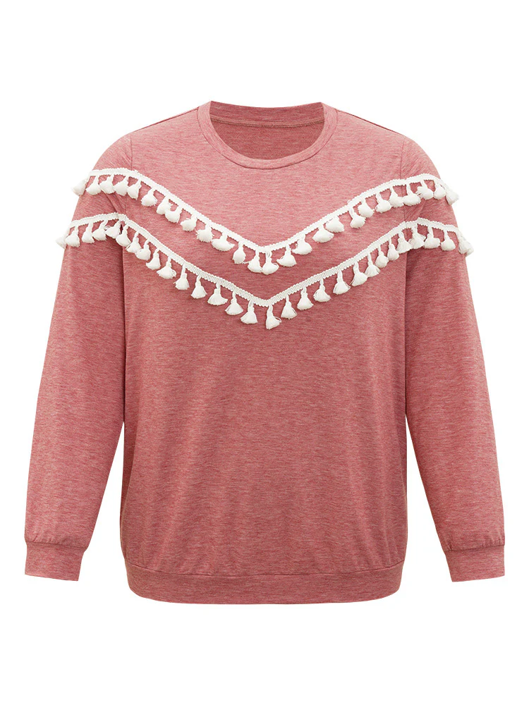 plain Heather Crew Neck Tassel Trim Sweatshirt - Image 9