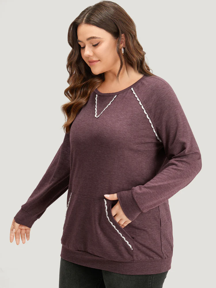 Plain Heather Guipure Lace Raglan Sleeve Pocket Sweatshirt - Image 3