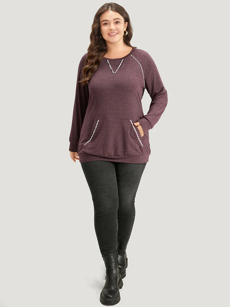 Plain Heather Guipure Lace Raglan Sleeve Pocket Sweatshirt - Image 4