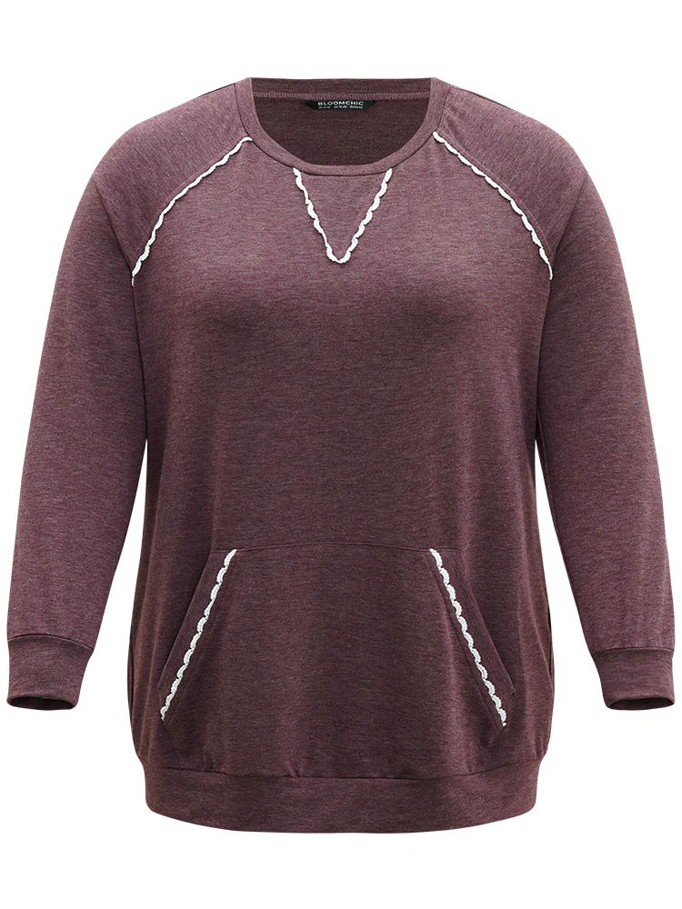 Plain Heather Guipure Lace Raglan Sleeve Pocket Sweatshirt - Image 7