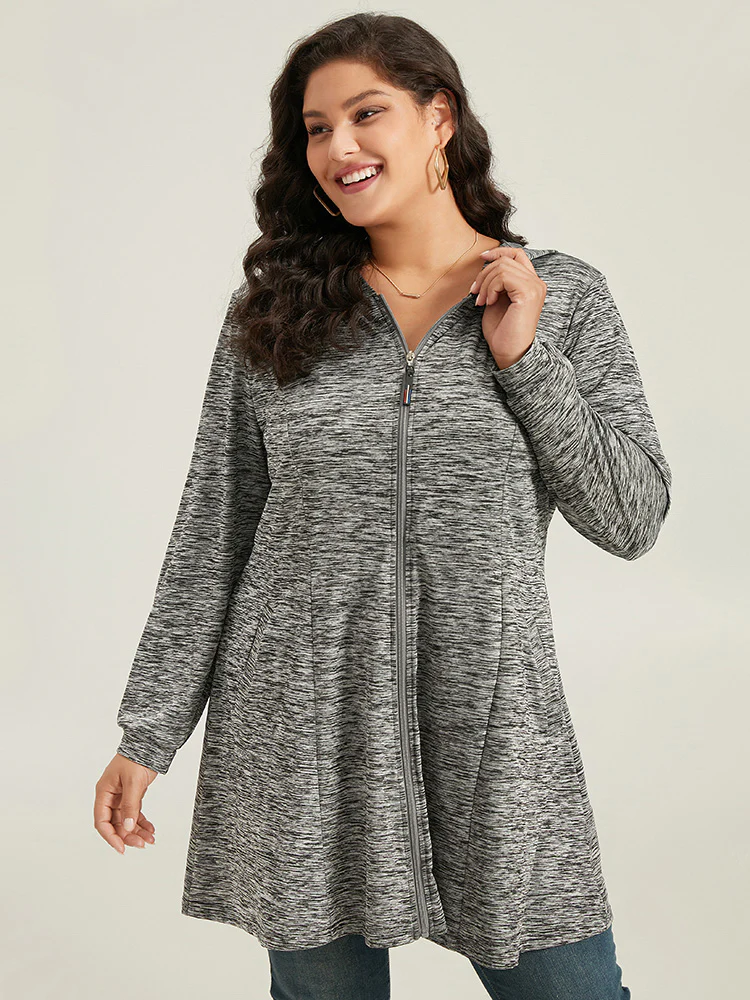 Plain Heather Zipper Pocket Hooded Jacket - Image 2