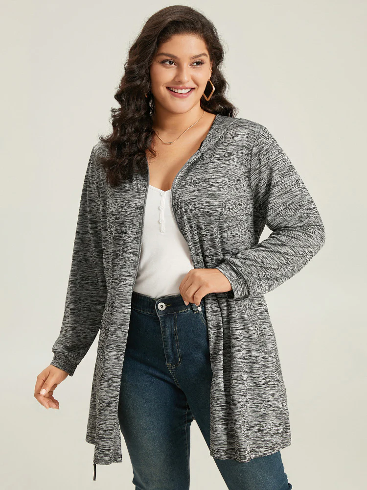 Plain Heather Zipper Pocket Hooded Jacket - Image 3
