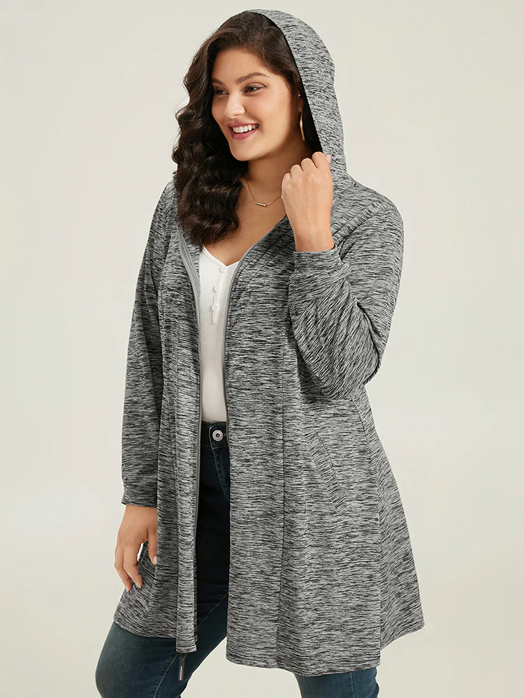 Plain Heather Zipper Pocket Hooded Jacket - Image 5