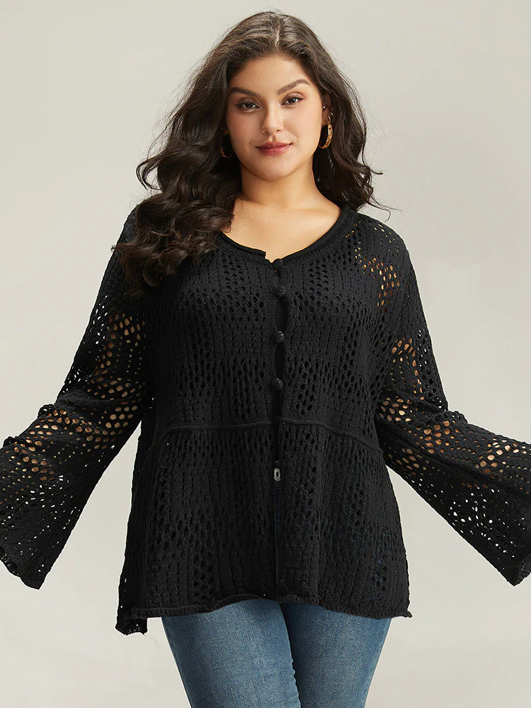 Plain Hollow Out Button Through Bell Sleeve Cardigan - Image 11