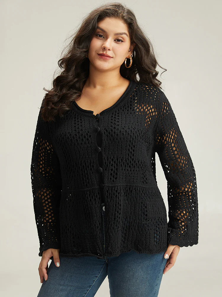 Plain Hollow Out Button Through Bell Sleeve Cardigan - Image 13