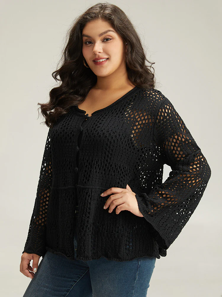 Plain Hollow Out Button Through Bell Sleeve Cardigan - Image 14