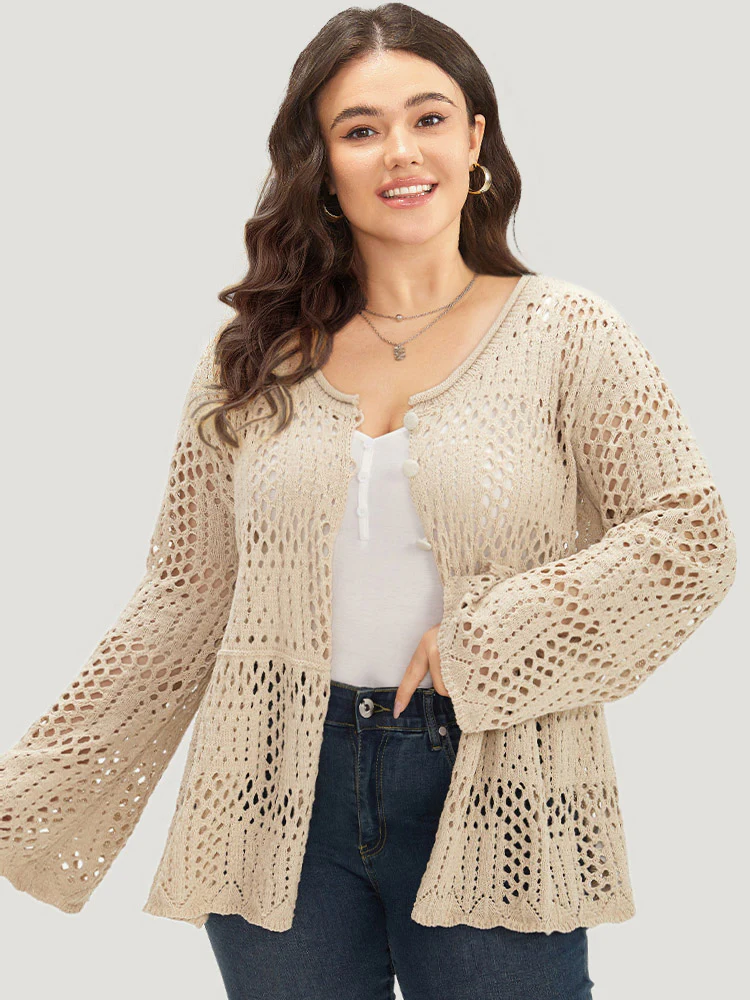 Plain Hollow Out Button Through Bell Sleeve Cardigan - Image 4