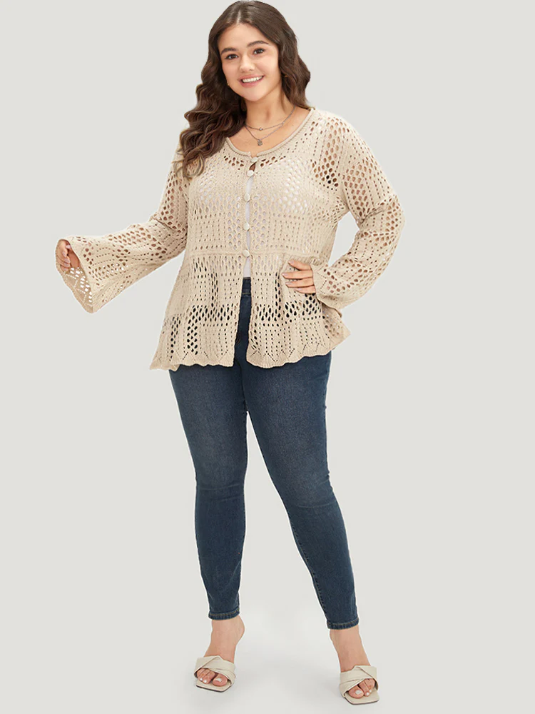 Plain Hollow Out Button Through Bell Sleeve Cardigan - Image 6