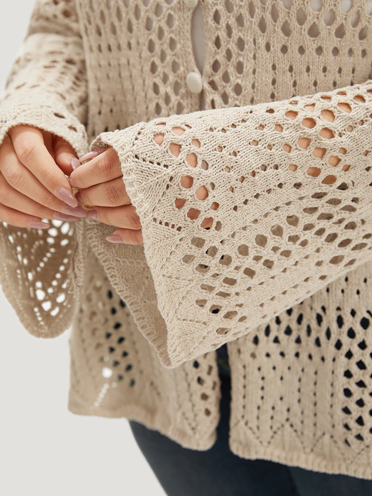 Plain Hollow Out Button Through Bell Sleeve Cardigan - Image 8