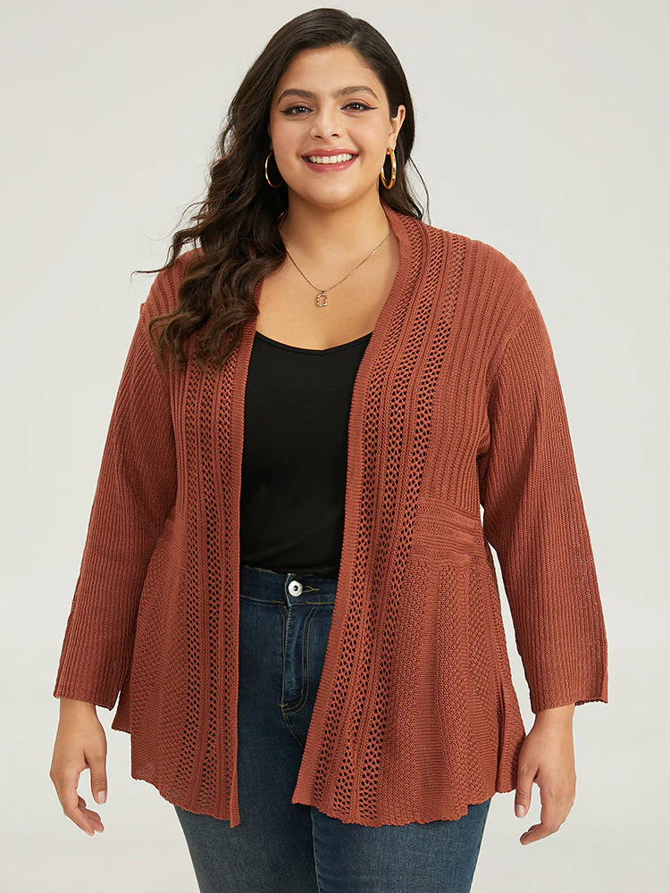 Plain Hollow Out Drop Shoulder Open Front Cardigan - Image 3