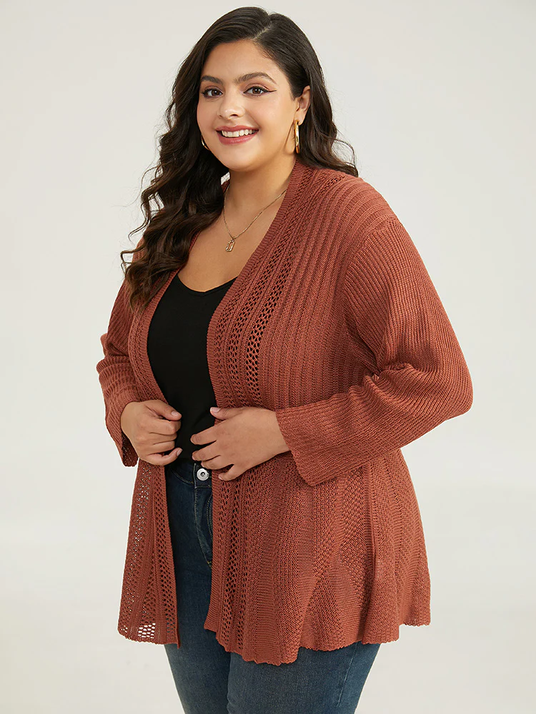 Plain Hollow Out Drop Shoulder Open Front Cardigan - Image 4