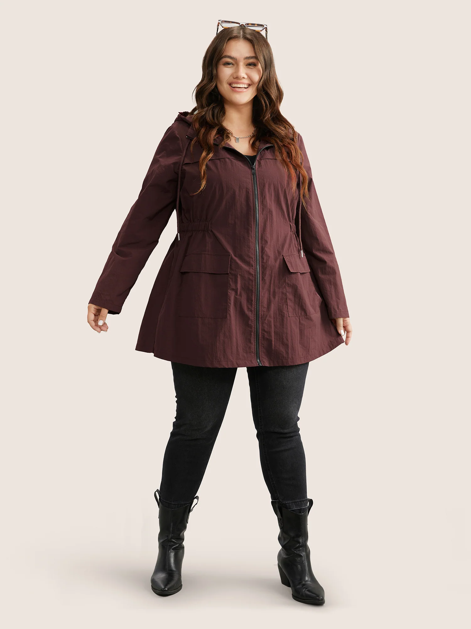 Plain Hooded Drawstring Gathered Zipper Jacket - Image 2