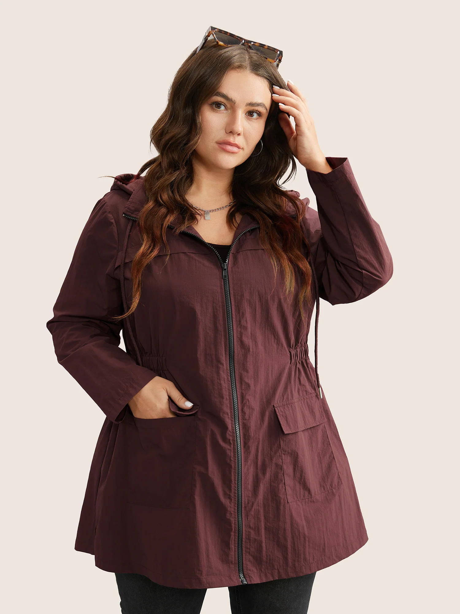 Plain Hooded Drawstring Gathered Zipper Jacket - Image 3